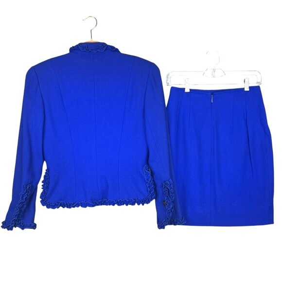 VTG Women 6 Wool Skirt Set Blue Ruffle Retro Business Church USA Noviello Bloom - Picture 2 of 14